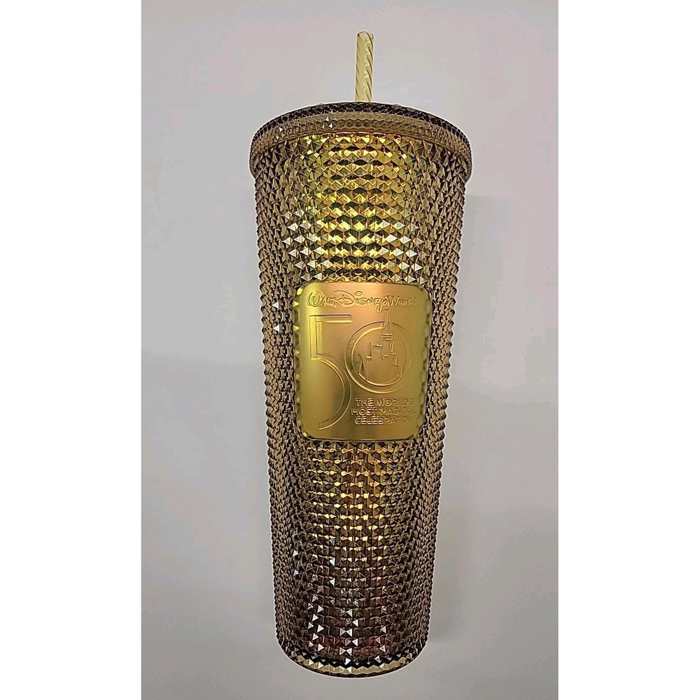 DISNEY WORLD 50th Anniversary GOLD Geometric Starbucks 24oz Tumbler w/ Straw